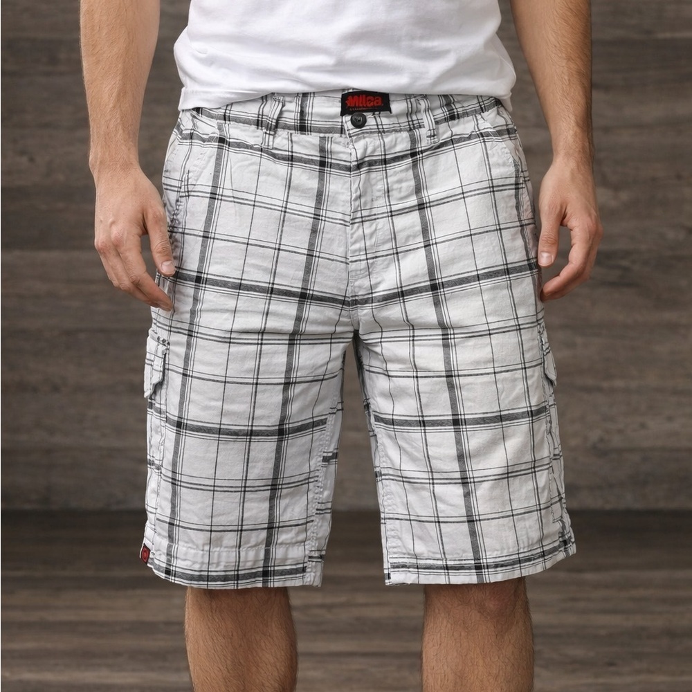 Mecca Black and White Plaid Cargo Shorts